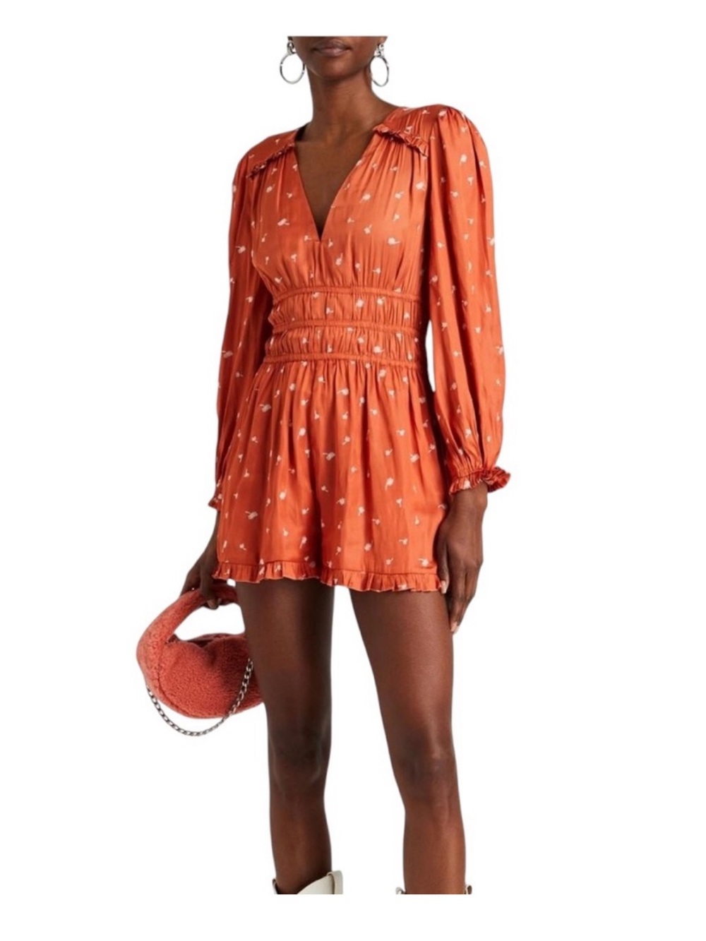 NWT Maje Orange Printed V‑Neck Smocked Waist Romper size 42